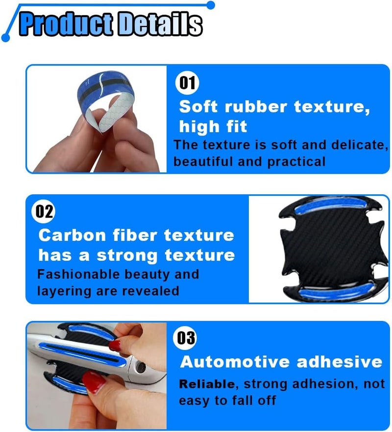 BDZMC 8PCS Reflective Car Handle Protector Stickers, Carbon Fiber Covering - Anti-Scratches Bowl Sticker, Adhesive & Mark-Free (Blue) - Image 3